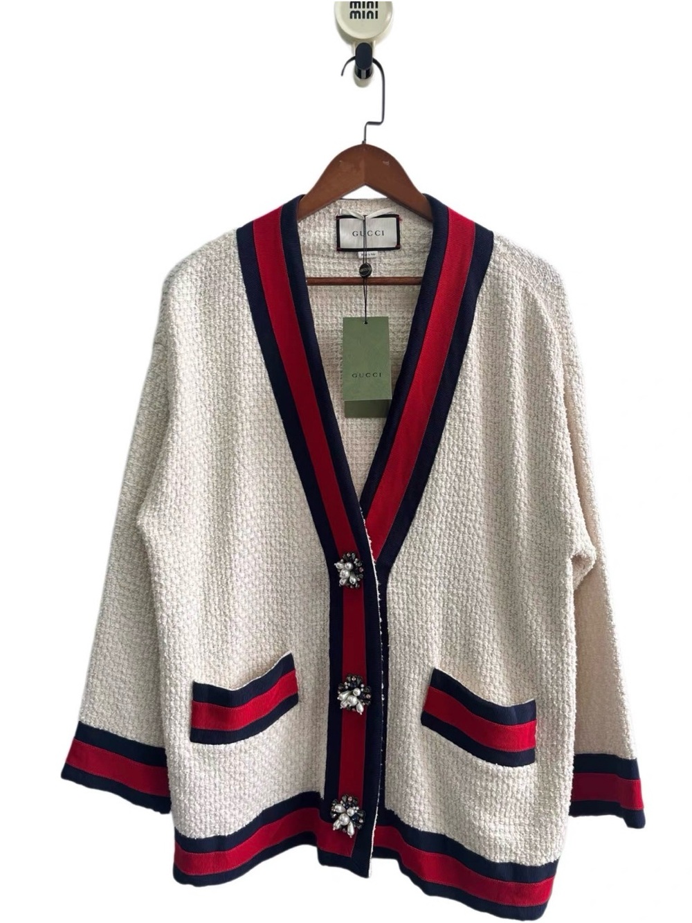 Gucci Cream Knit Cardigan with Red & Navy Stripe Trim and Crystal Buttons